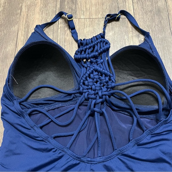 Jantzen Navy Blue Macrame Strappy Back One Piece Ruched Bathing Suit Swim M - Picture 11 of 14